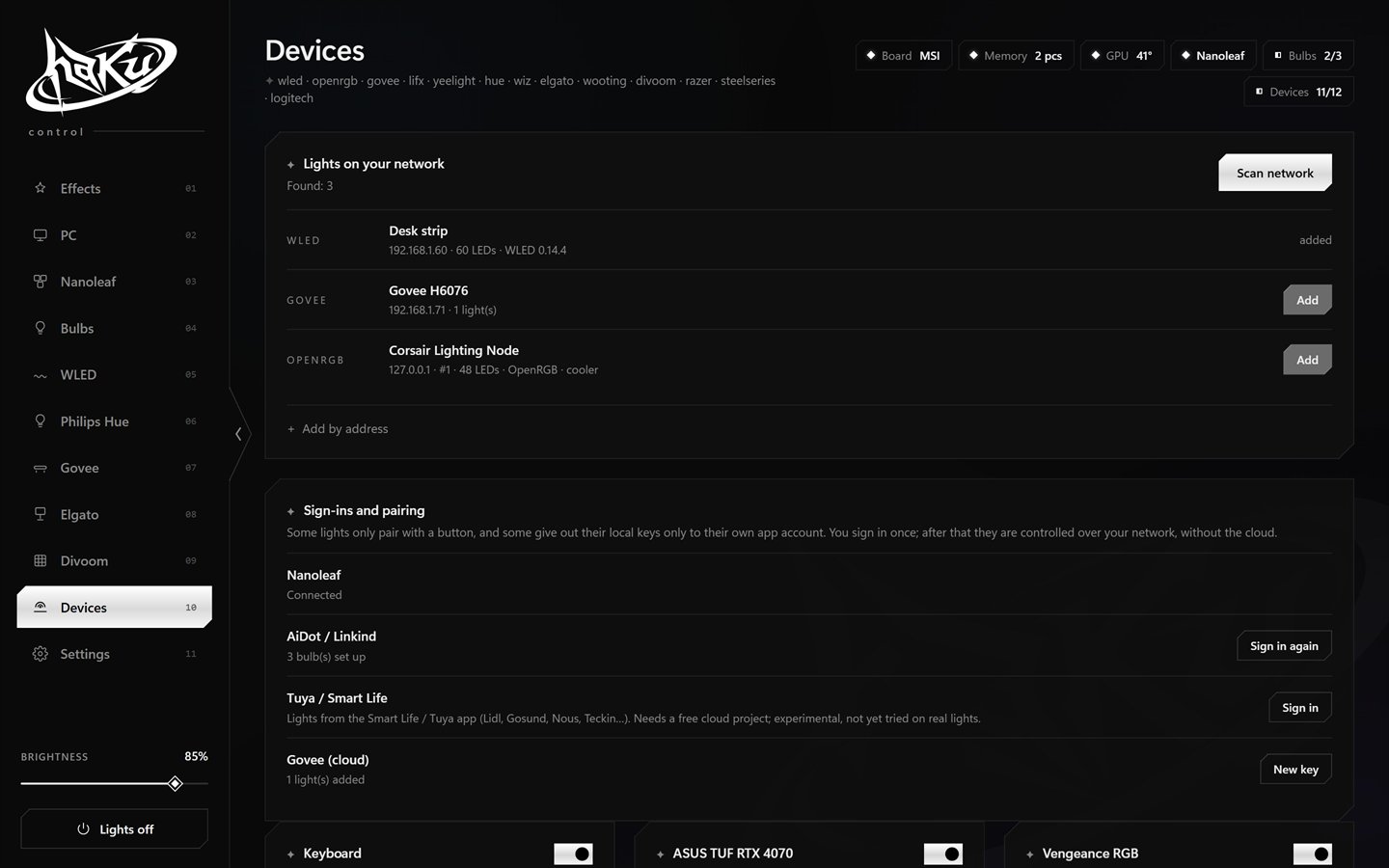 haku control, devices page: scan the network, add lights