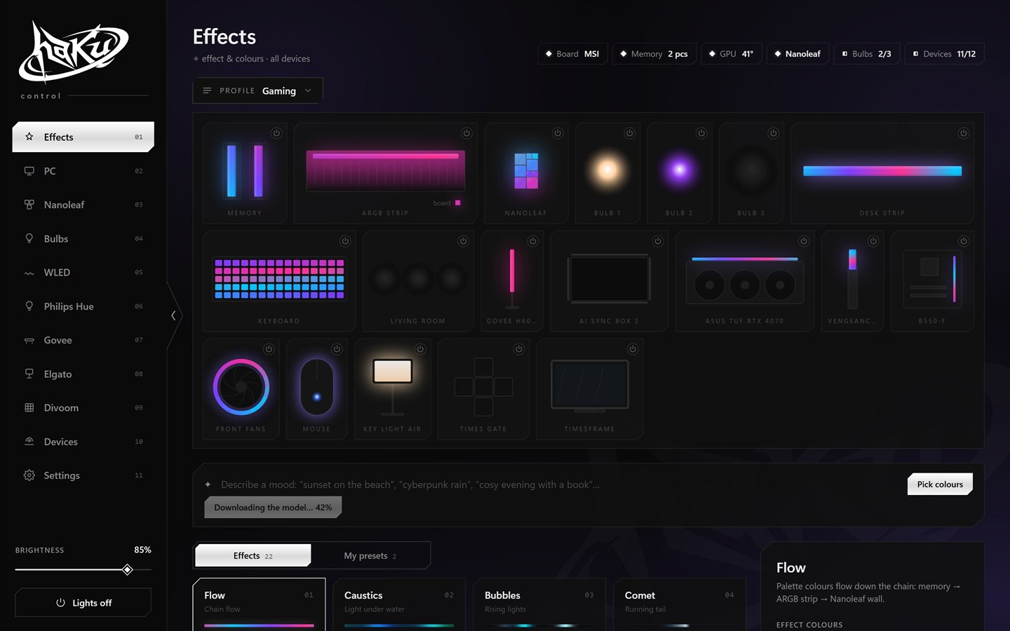 haku control, effects page: every device lit in one scene