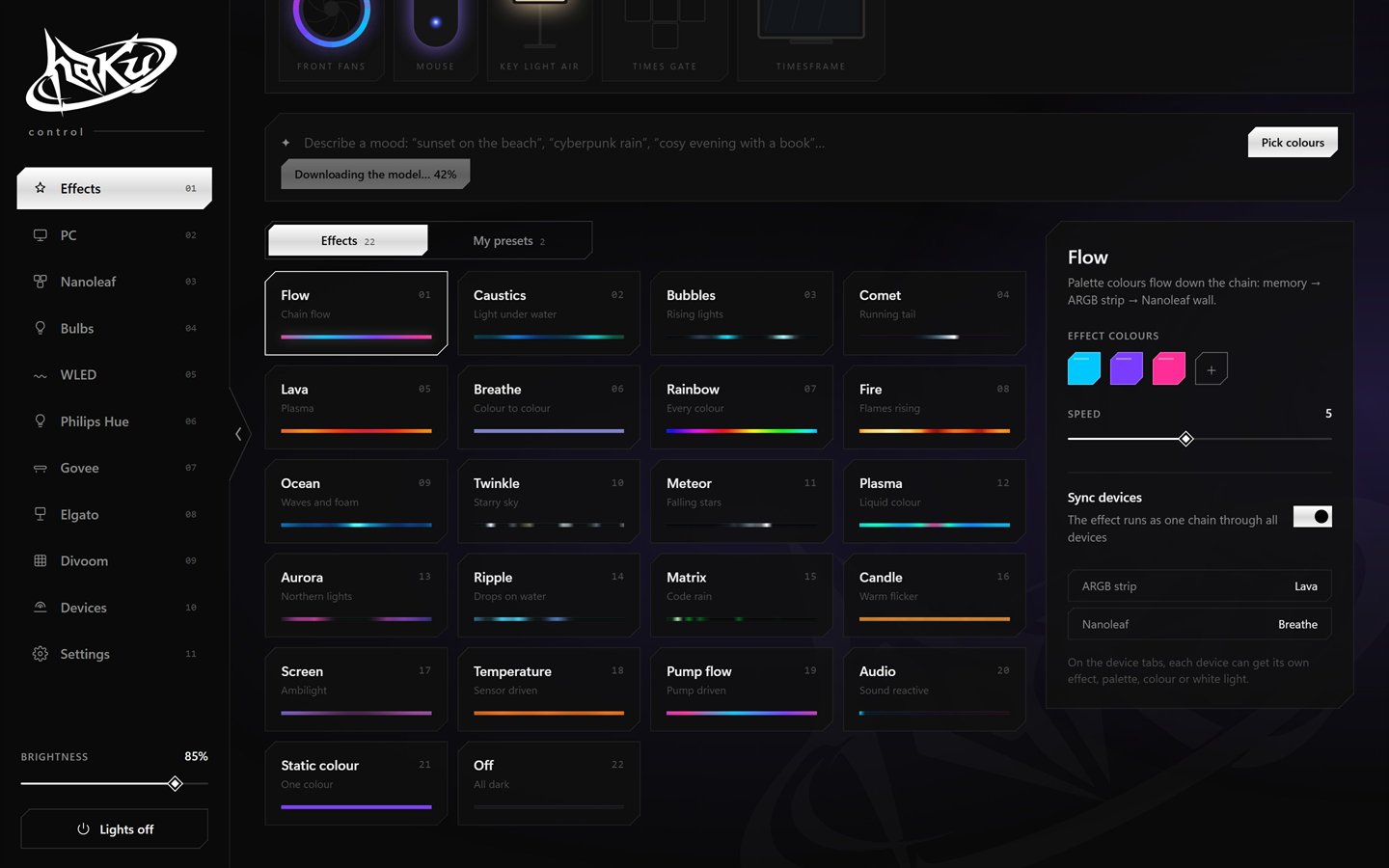 haku control, all effects page: 22 effects and your own presets