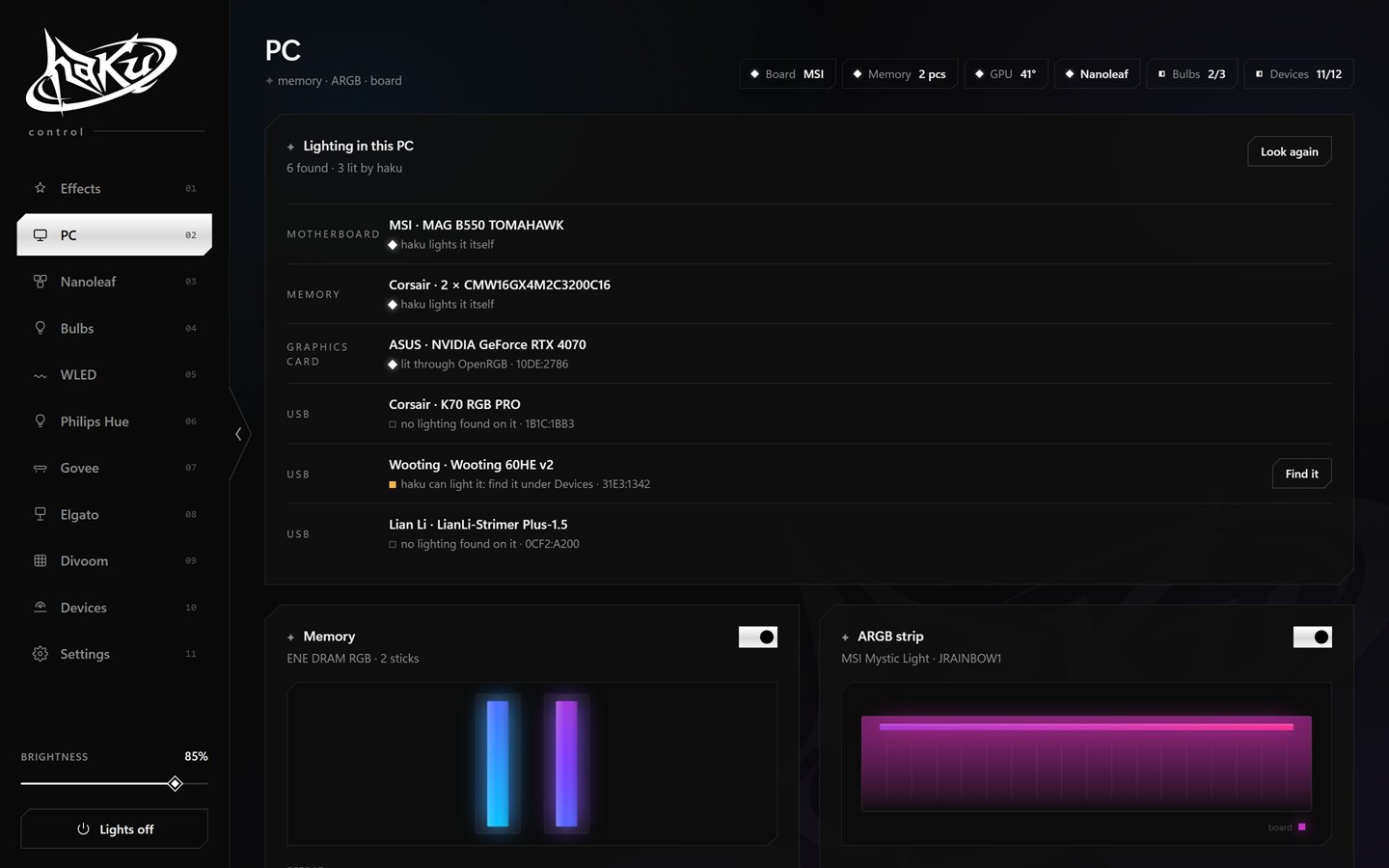 haku control, pc page: what is lit inside the PC